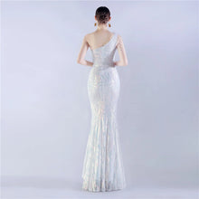 Load image into Gallery viewer, Gabriella Anna Sequin Feather One Shoulder Mermaid Slit Maxi Dress
