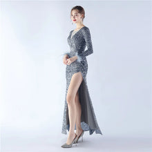 Load image into Gallery viewer, Heidi Bre Sequin Feather Long Sleeve Slit Maxi Dress
