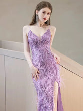 Load image into Gallery viewer, Everleigh Sequin Feather Slit Maxi Dress
