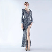 Load image into Gallery viewer, Heidi Bre Sequin Feather Long Sleeve Slit Maxi Dress
